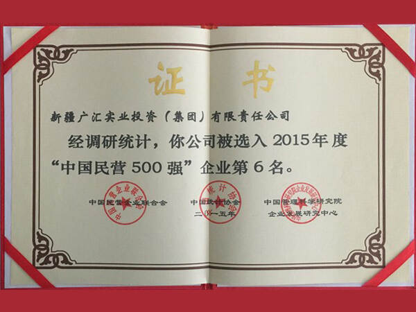 2015年中國民營企業500強證書 天堂√中文最新版在线集團獲得第6位